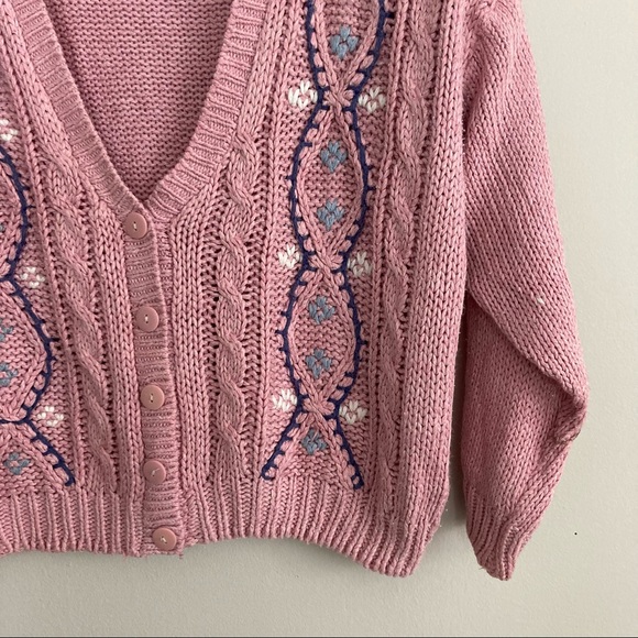 Vintage Huntington Ridge Cable Knit Pink Handknitted Cardigan Size M - Picture 2 of 8
